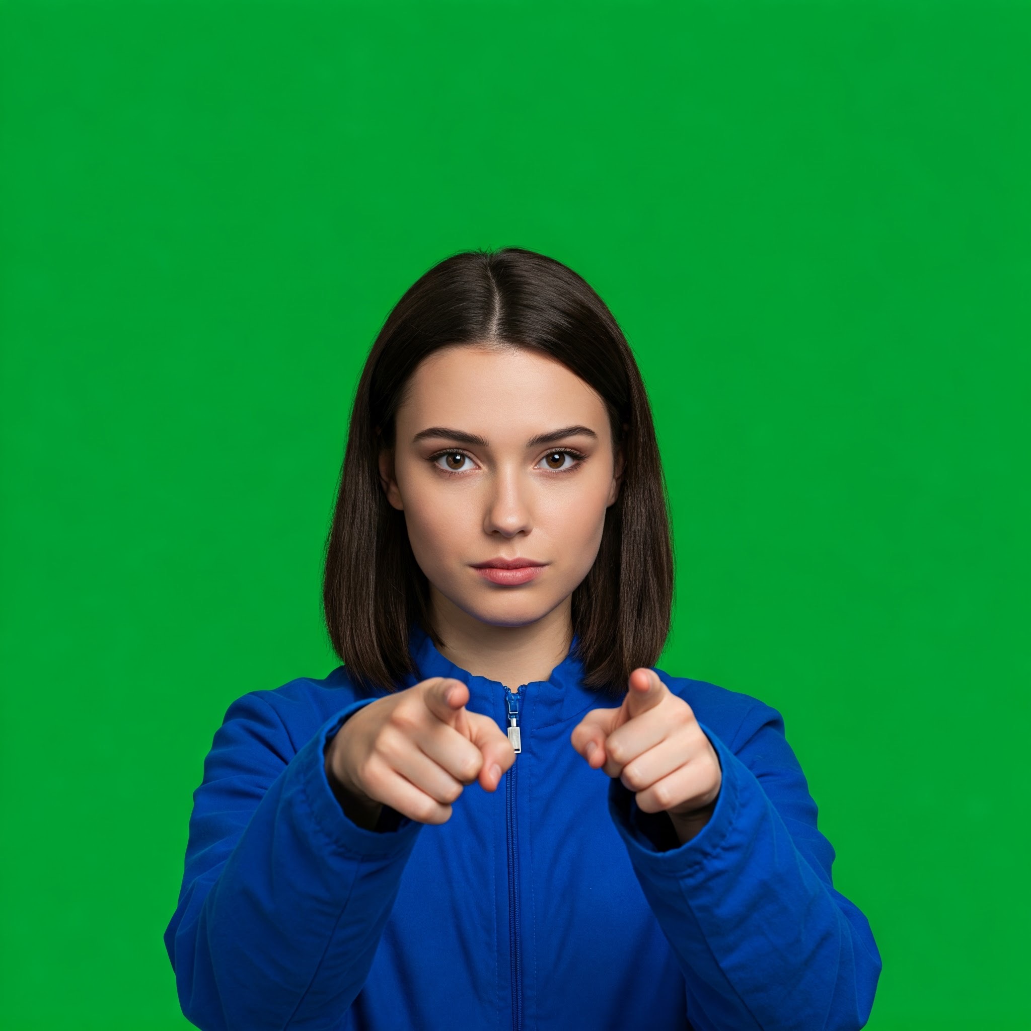 photo of Serious Young Woman Pointing at Viewer Against Green Screen